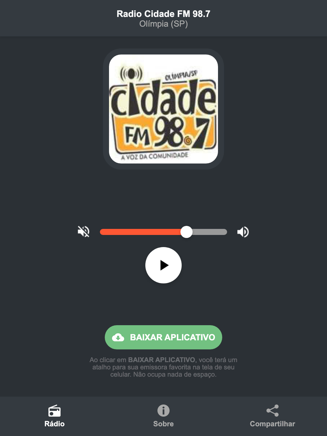 Screenshot do aplicativo da Radio Cidade FM 98.7