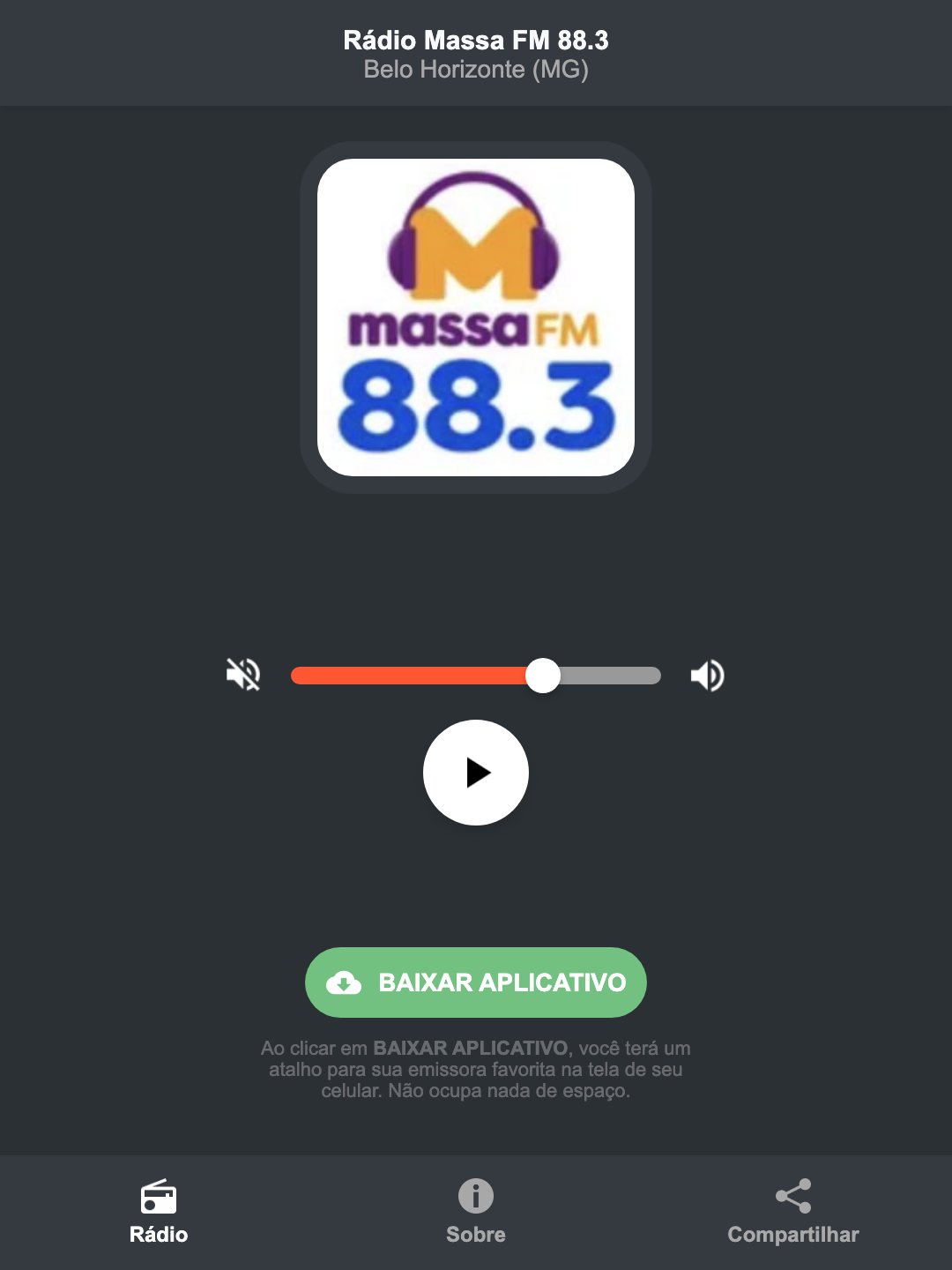 Screenshot do aplicativo da Rádio Massa FM 88.3
