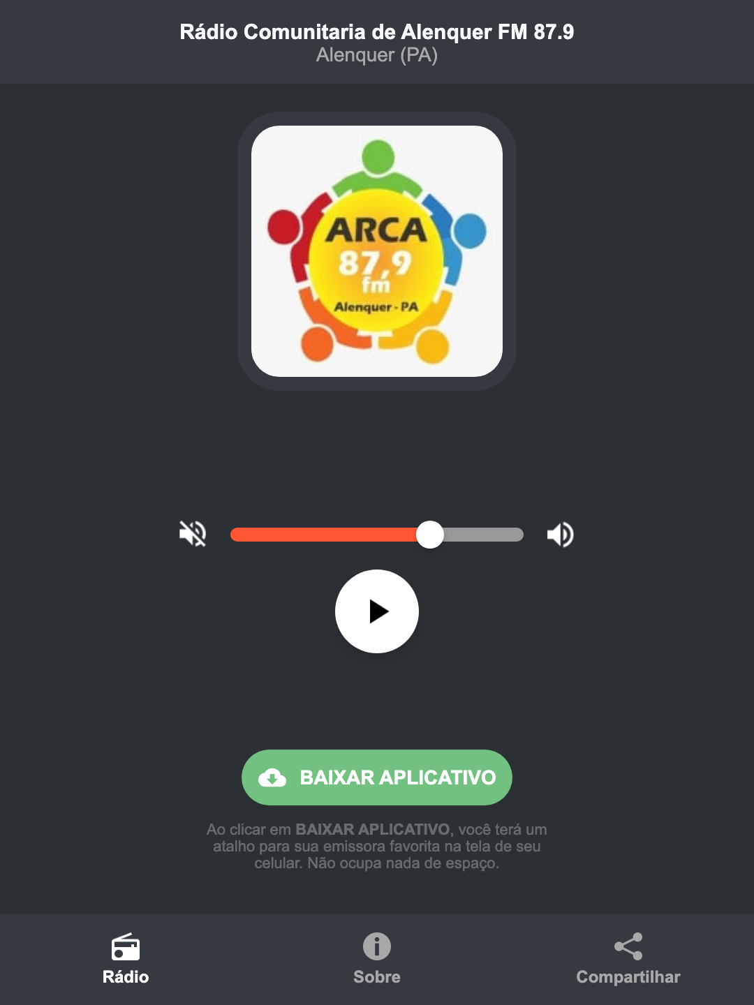 Screenshot do aplicativo da Rádio Comunitaria de Alenquer FM 87.9