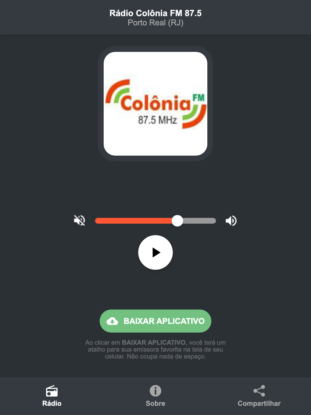 Screenshot do aplicativo da Rádio Colônia FM 87.5