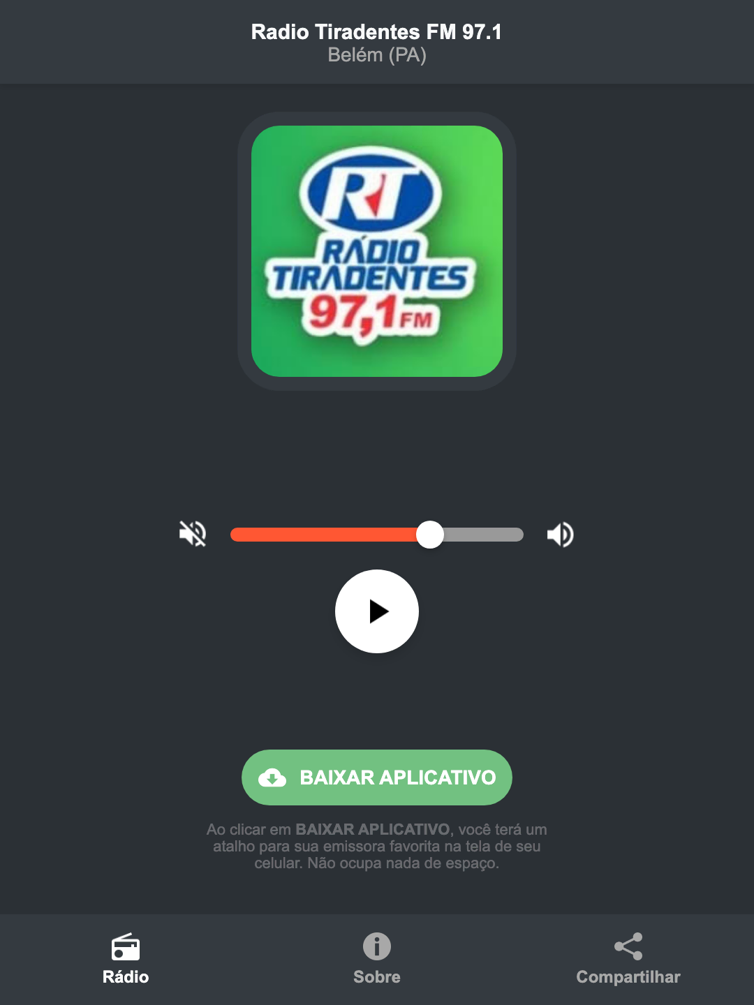 Screenshot do aplicativo da Radio Tiradentes FM 97.1