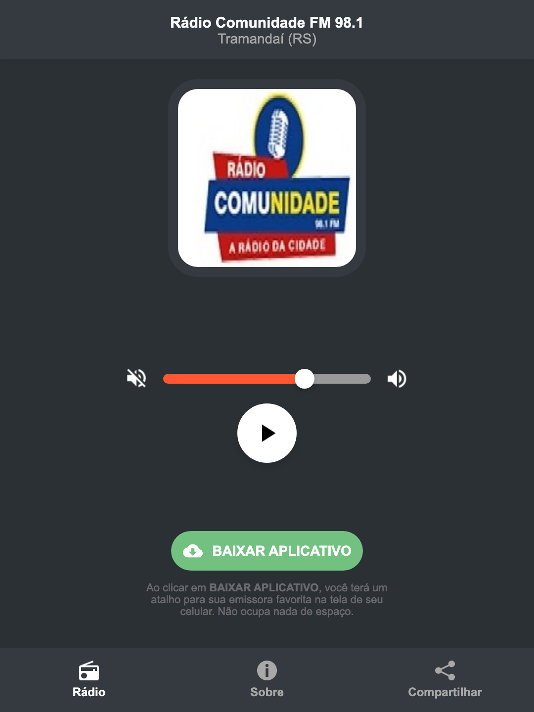 Screenshot do aplicativo da Rádio Comunidade FM 98.1