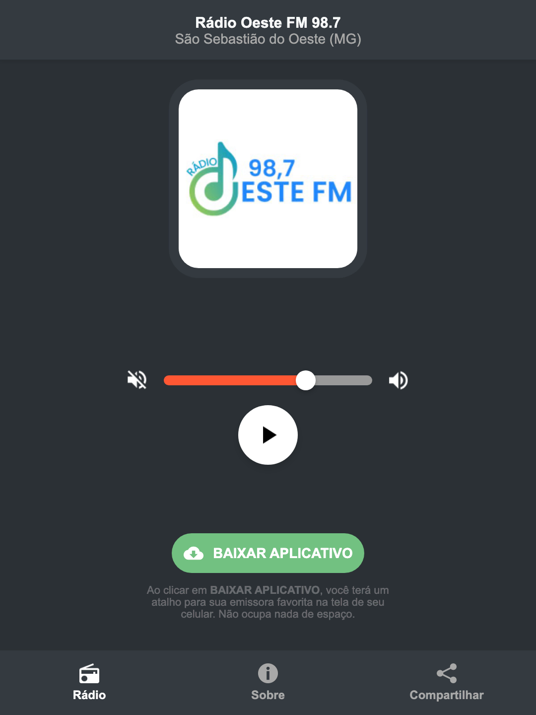 Screenshot do aplicativo da Rádio Oeste FM 98.7