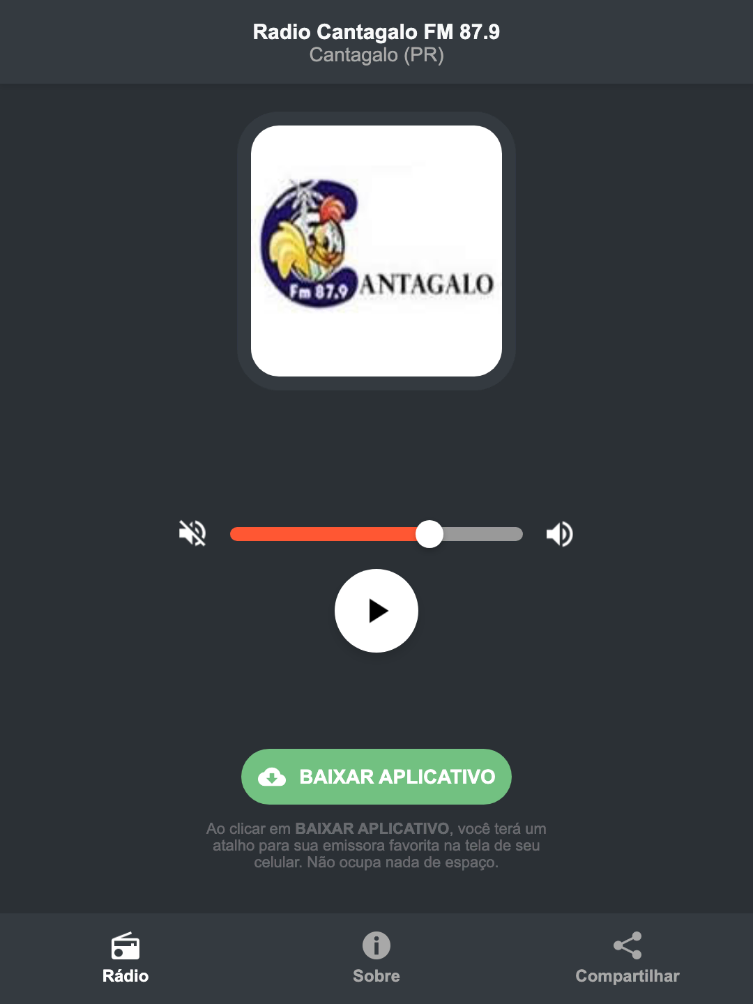 Screenshot do aplicativo da Radio Cantagalo FM 87.9