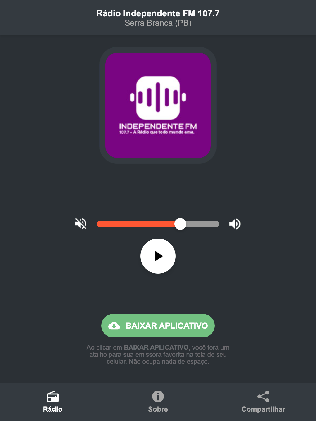 Screenshot do aplicativo da Rádio Independente FM 107.7