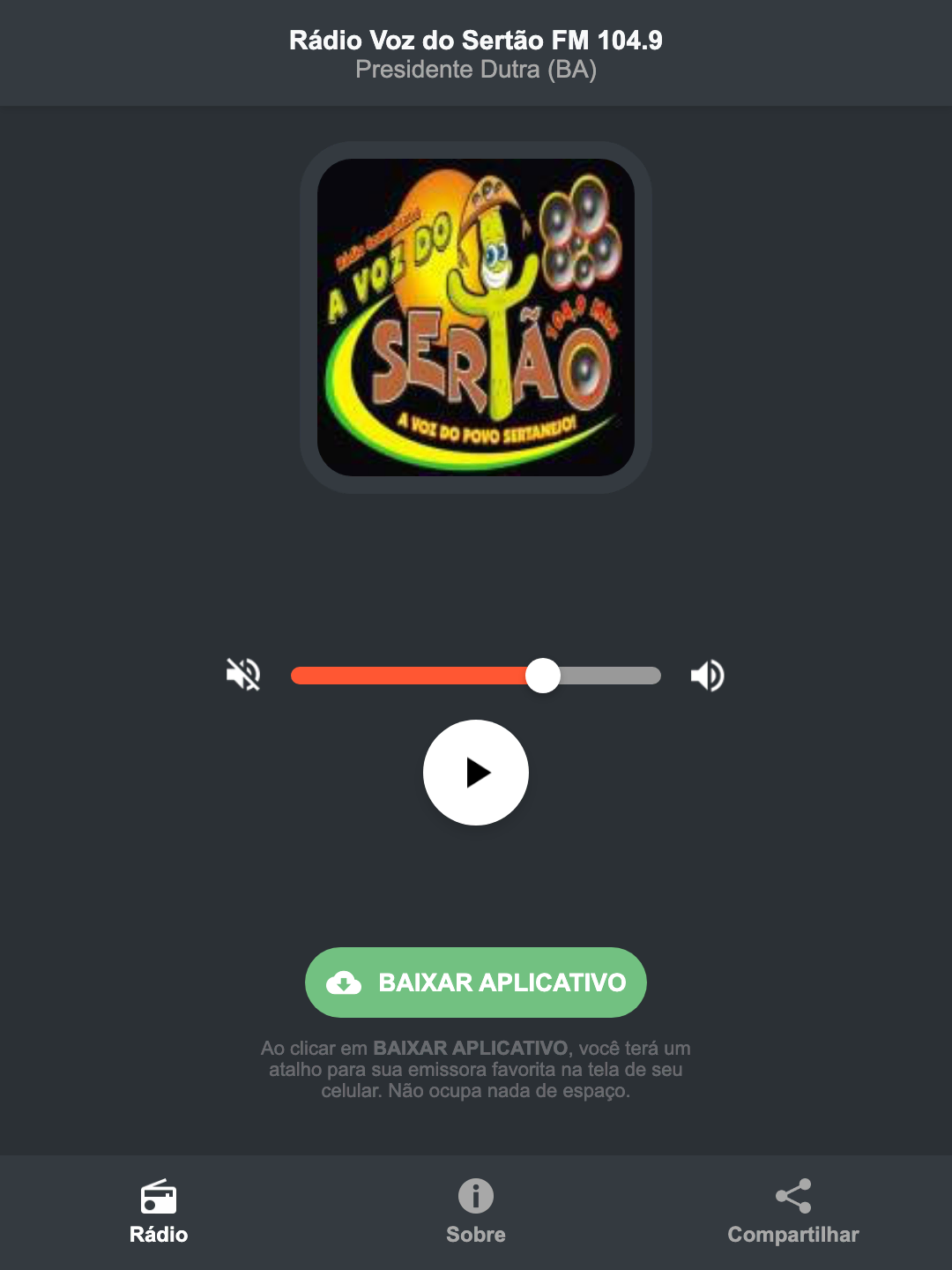 Screenshot do aplicativo da Rádio Voz do Sertão FM 104.9