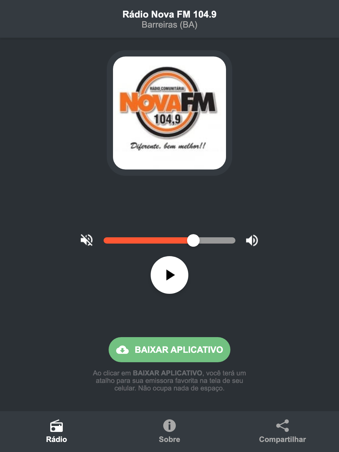 Screenshot do aplicativo da Rádio Nova FM 104.9