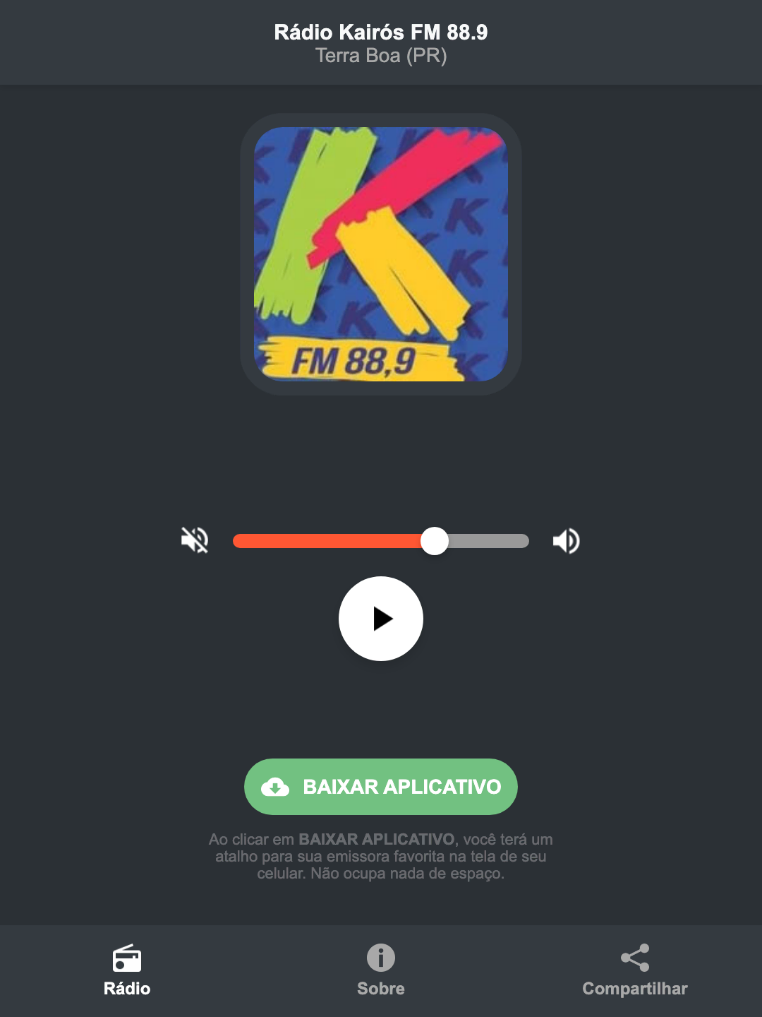Screenshot do aplicativo da Rádio Kairós FM 88.9