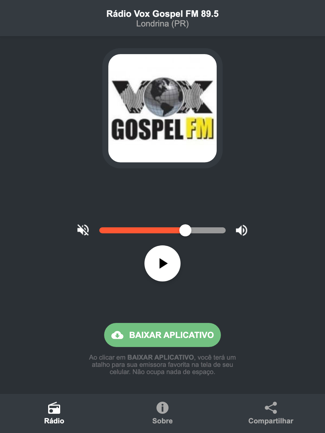 Screenshot do aplicativo da Rádio Vox Gospel FM 89.5