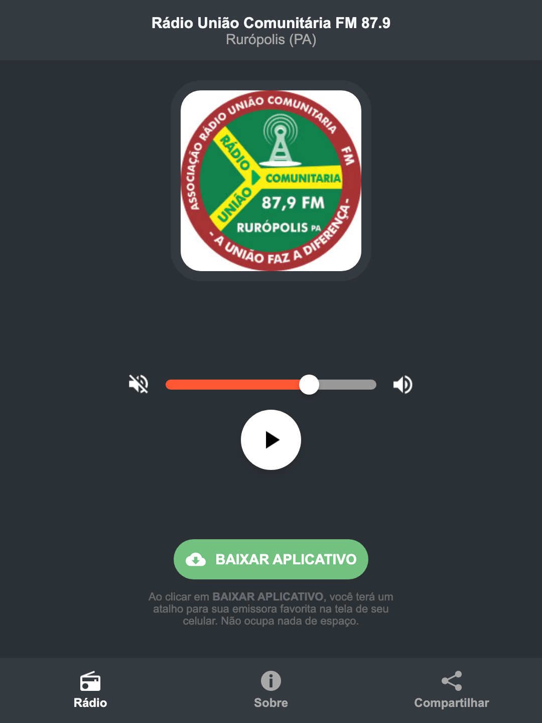 Screenshot do aplicativo da Rádio União Comunitária FM 87.9