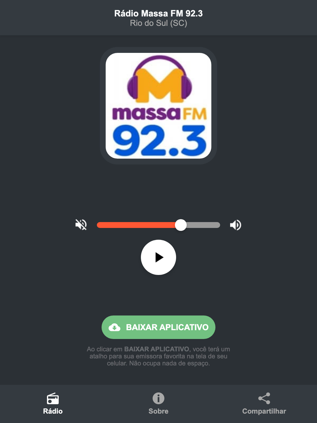 Screenshot do aplicativo da Rádio Massa FM 92.3