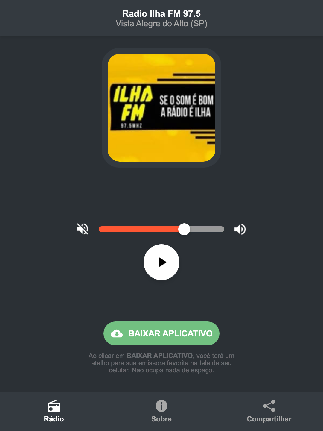 Screenshot do aplicativo da Radio Ilha FM 97.5