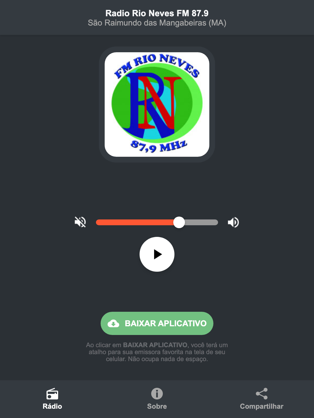 Screenshot do aplicativo da Radio Rio Neves FM 87.9