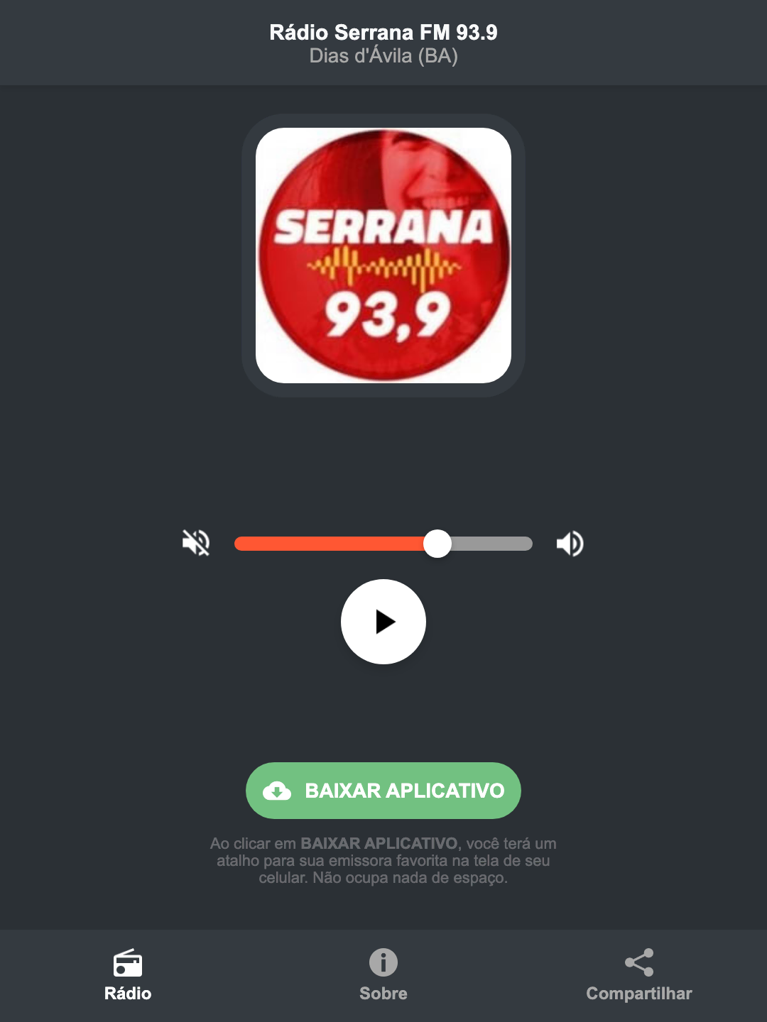 Screenshot do aplicativo da Rádio Serrana FM 93.9