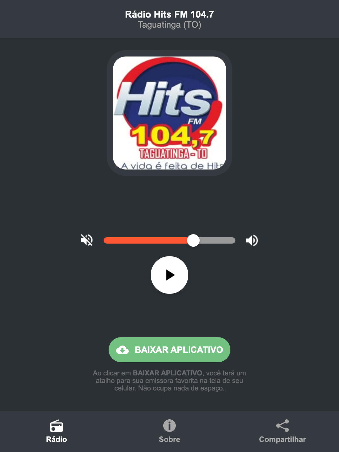 Screenshot do aplicativo da Rádio Hits FM 104.7