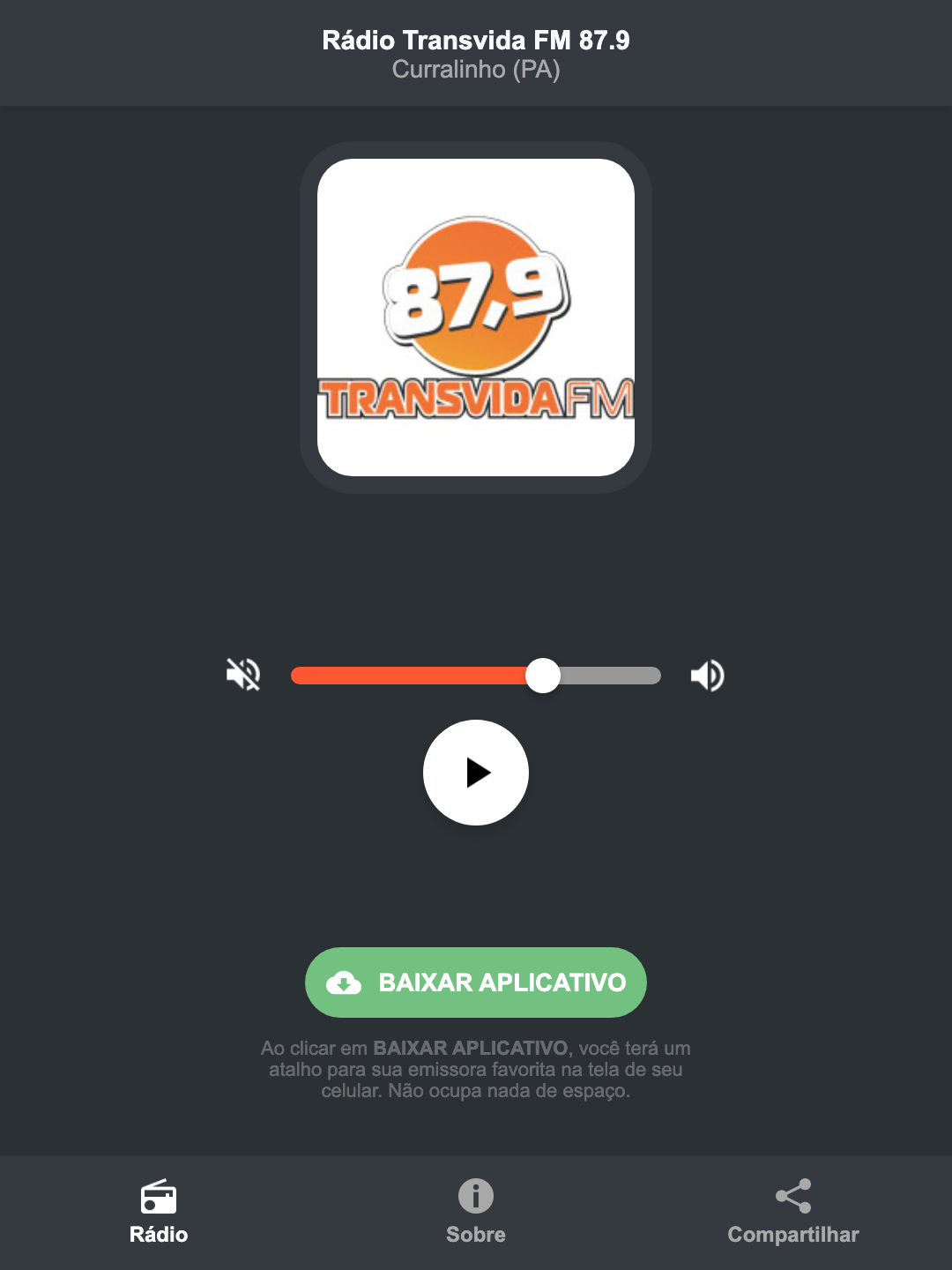 Screenshot do aplicativo da Rádio Transvida FM 87.9