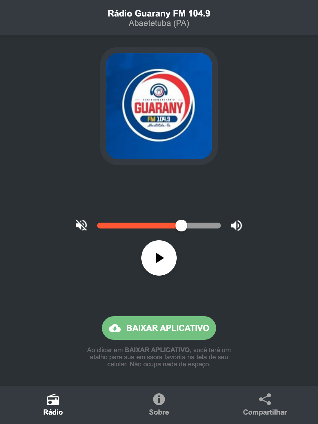 Screenshot do aplicativo da Rádio Guarany FM 104.9