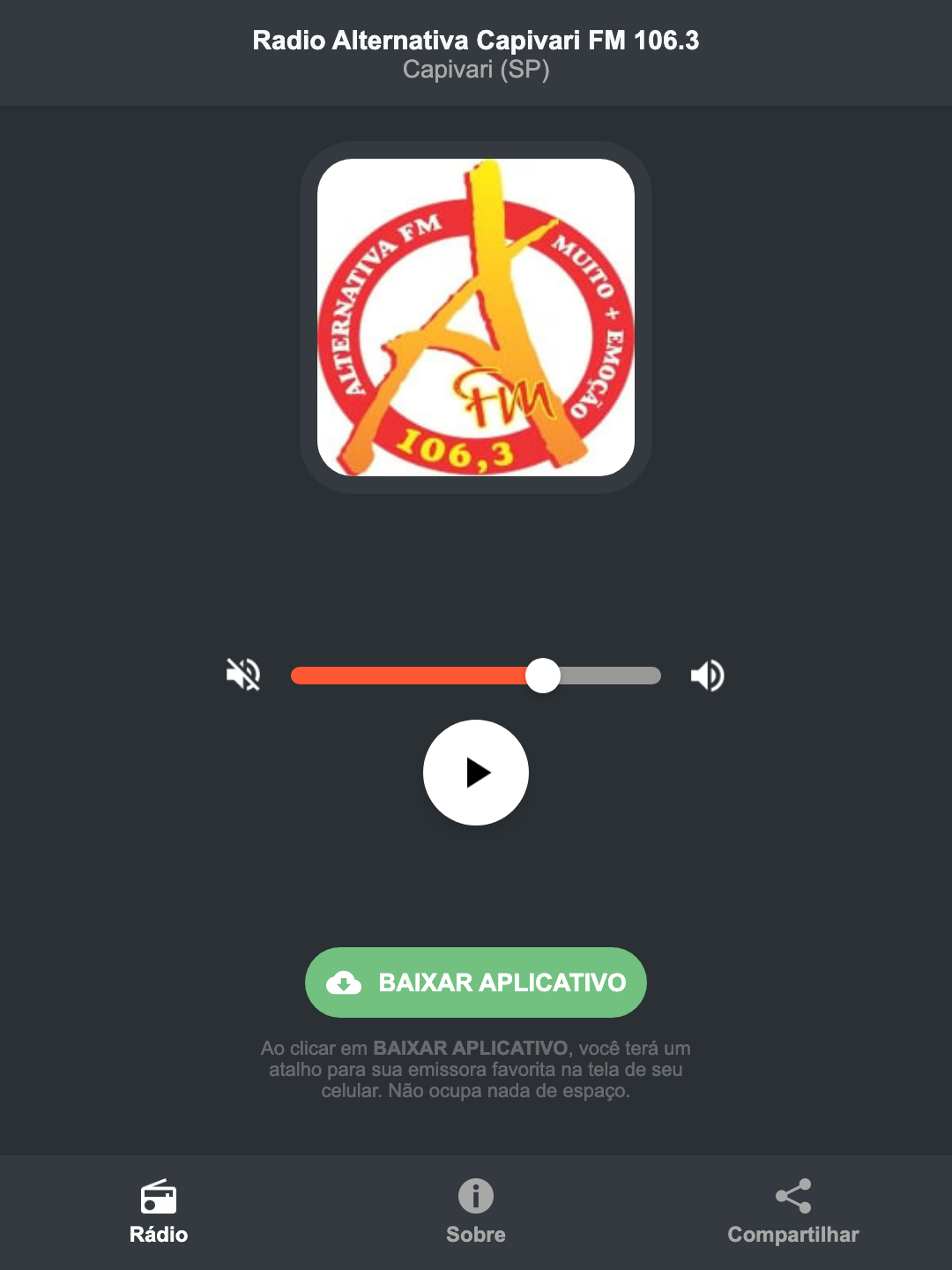 Screenshot do aplicativo da Radio Alternativa Capivari FM 106.3