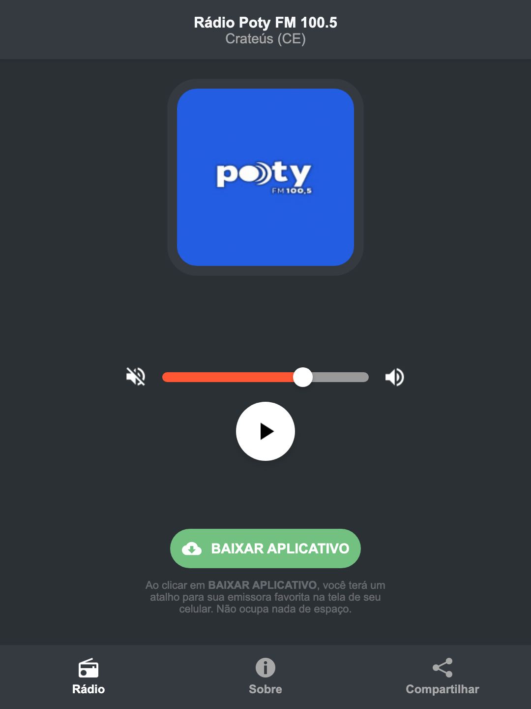 Screenshot do aplicativo da Rádio Poty FM 100.5