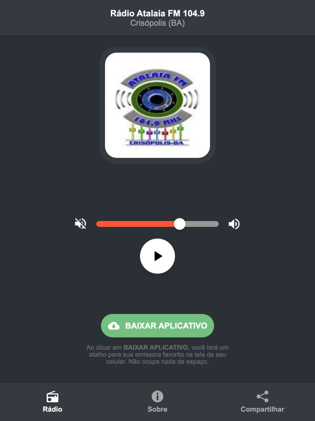 Screenshot do aplicativo da Rádio Atalaia FM 104.9