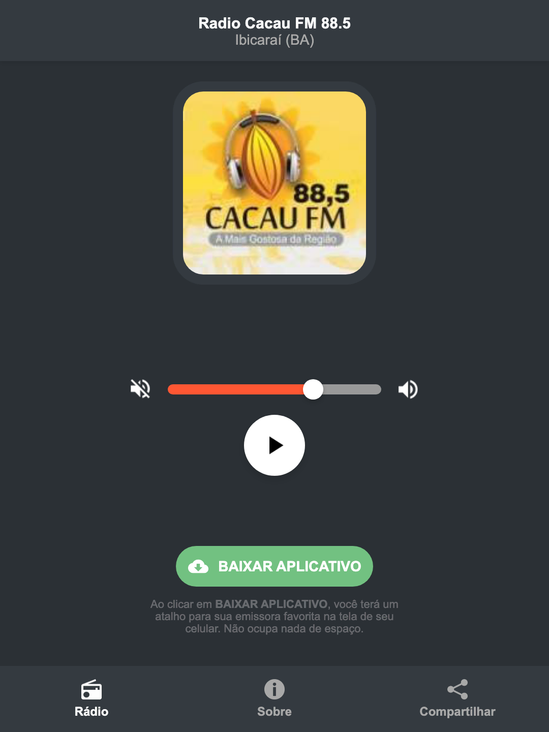 Screenshot do aplicativo da Radio Cacau FM 88.5