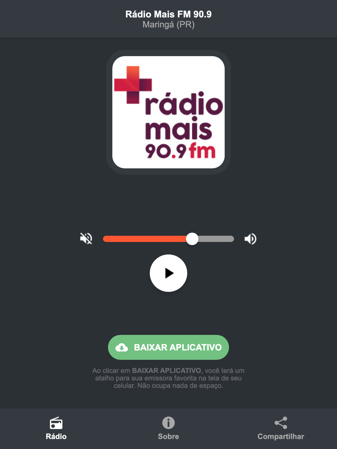 Screenshot do aplicativo da Rádio Mais FM 90.9