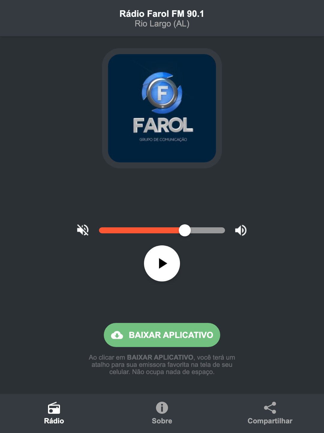 Screenshot do aplicativo da Rádio Farol FM 90.1