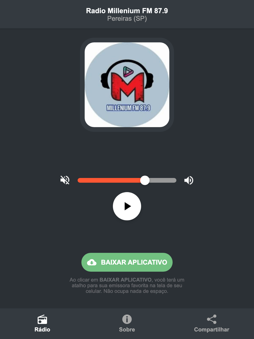 Screenshot do aplicativo da Radio Millenium FM 87.9