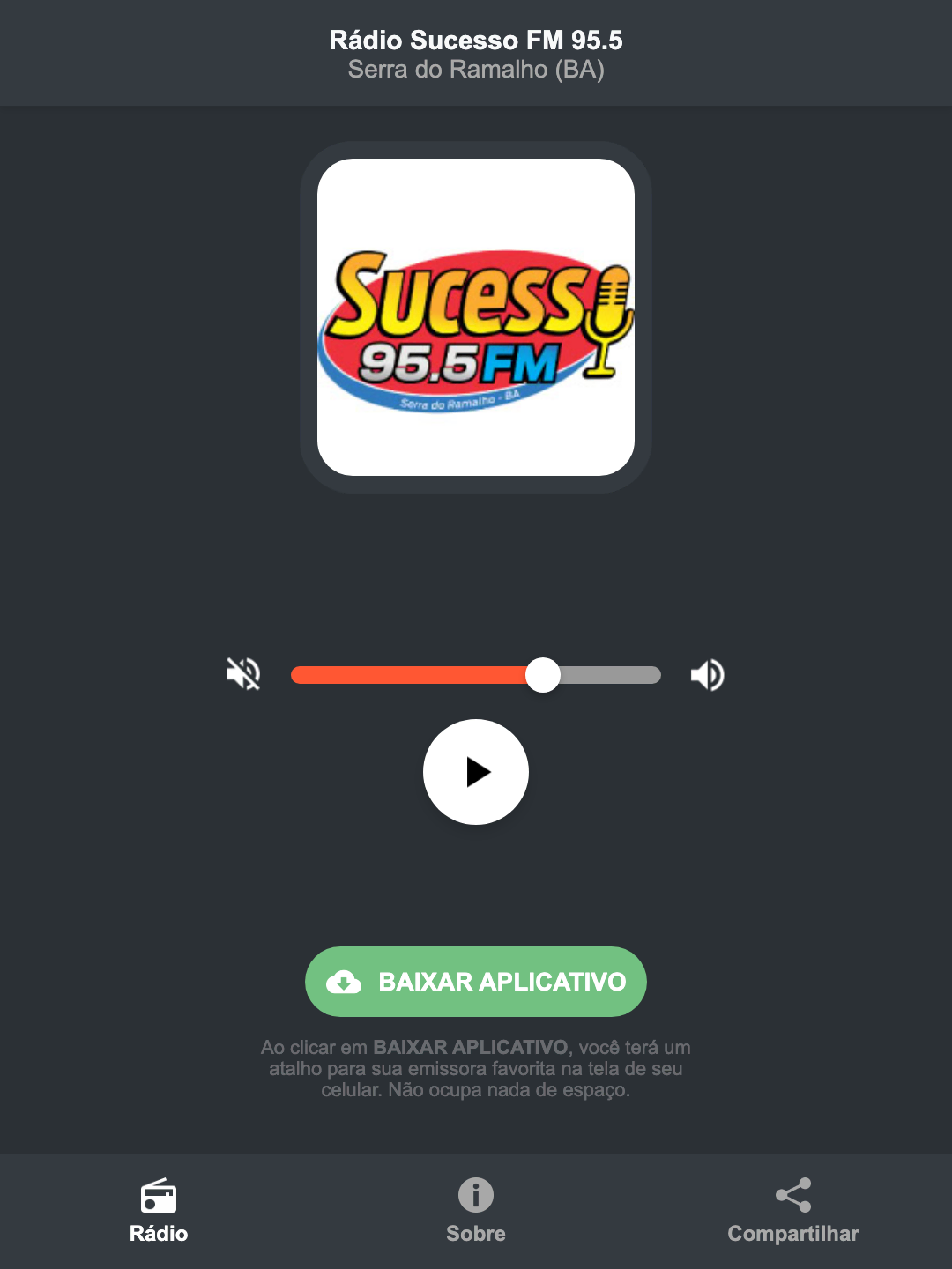 Screenshot do aplicativo da Rádio Sucesso FM 95.5