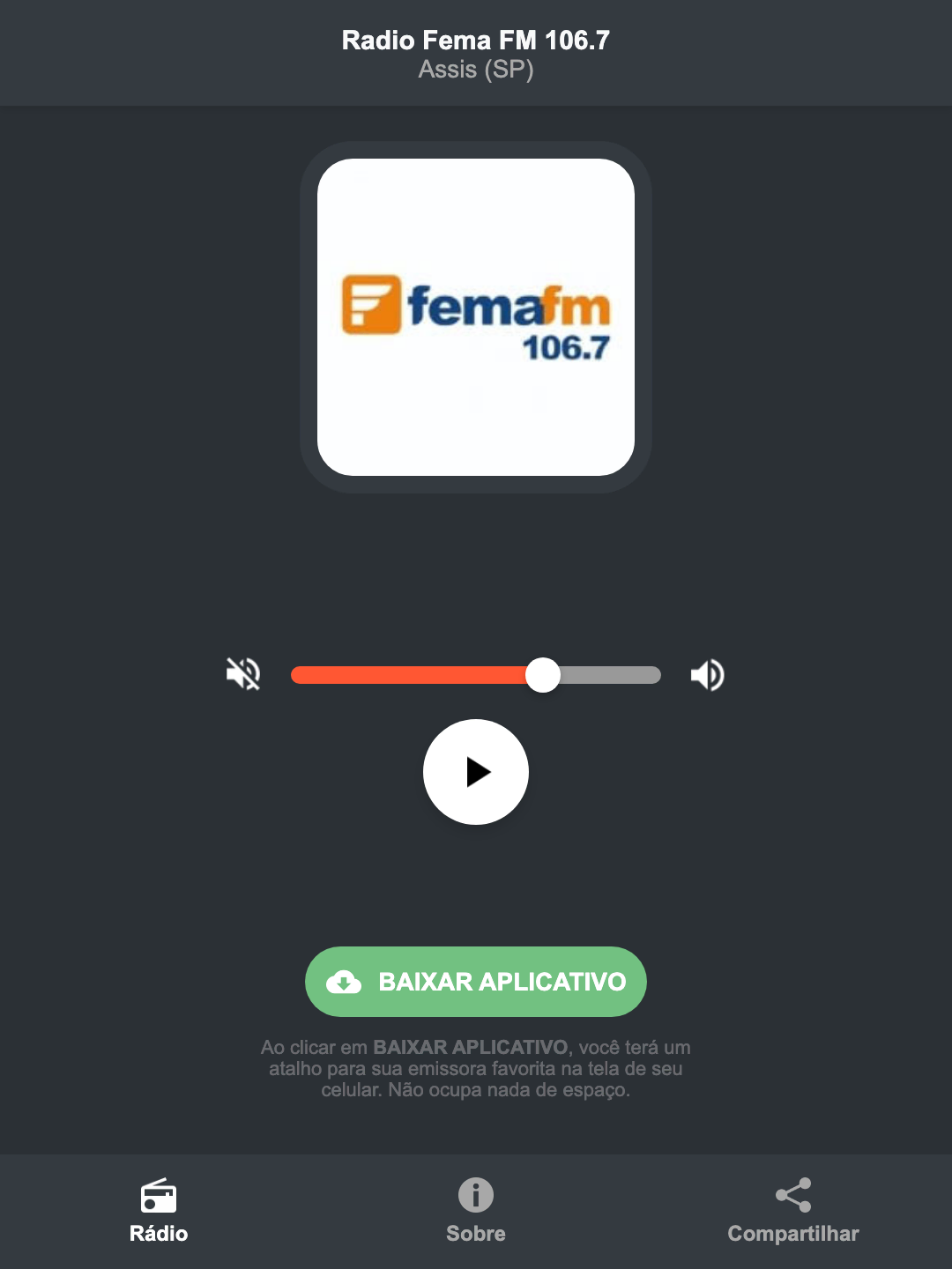 Screenshot do aplicativo da Radio Fema FM 106.7