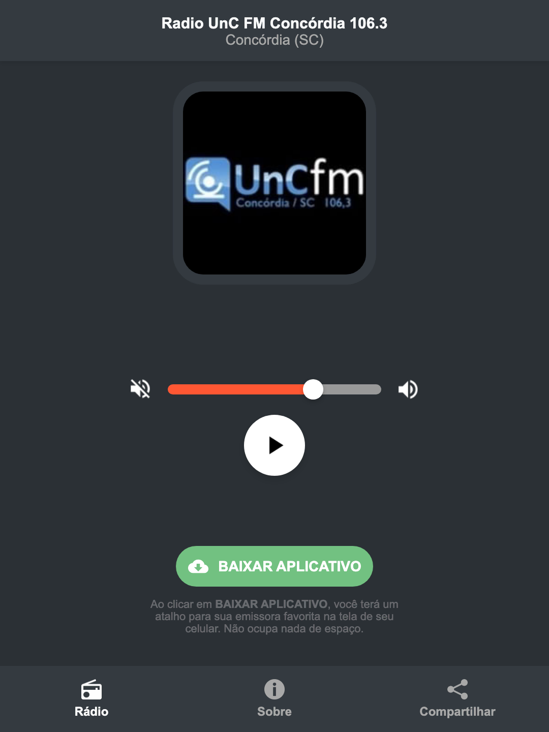 Screenshot do aplicativo da Radio UnC FM Concórdia 106.3