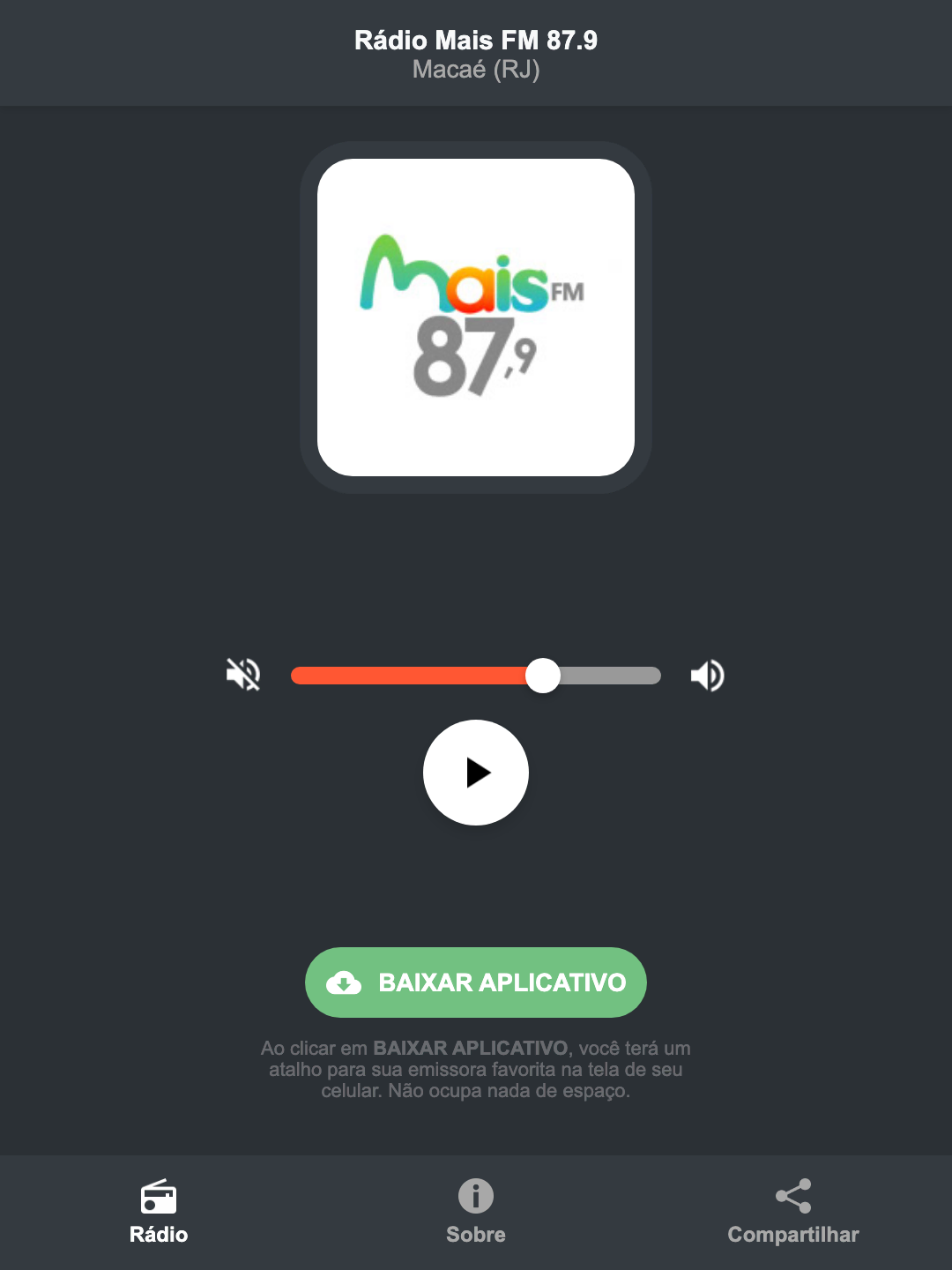 Screenshot do aplicativo da Rádio Mais FM 87.9