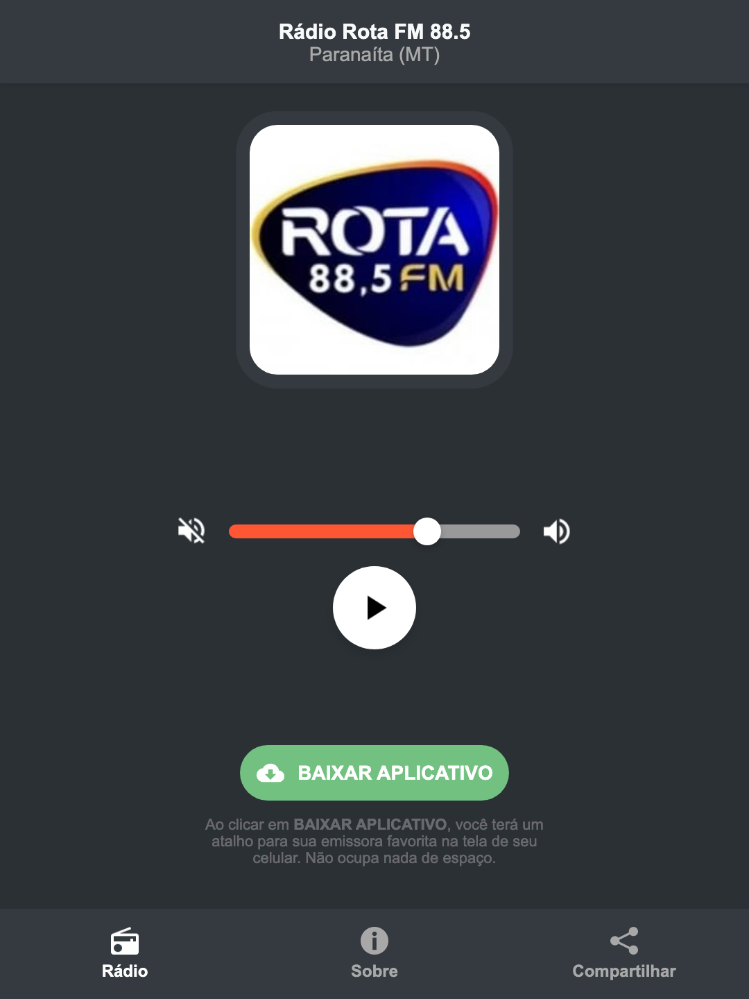 Screenshot do aplicativo da Rádio Rota FM 88.5