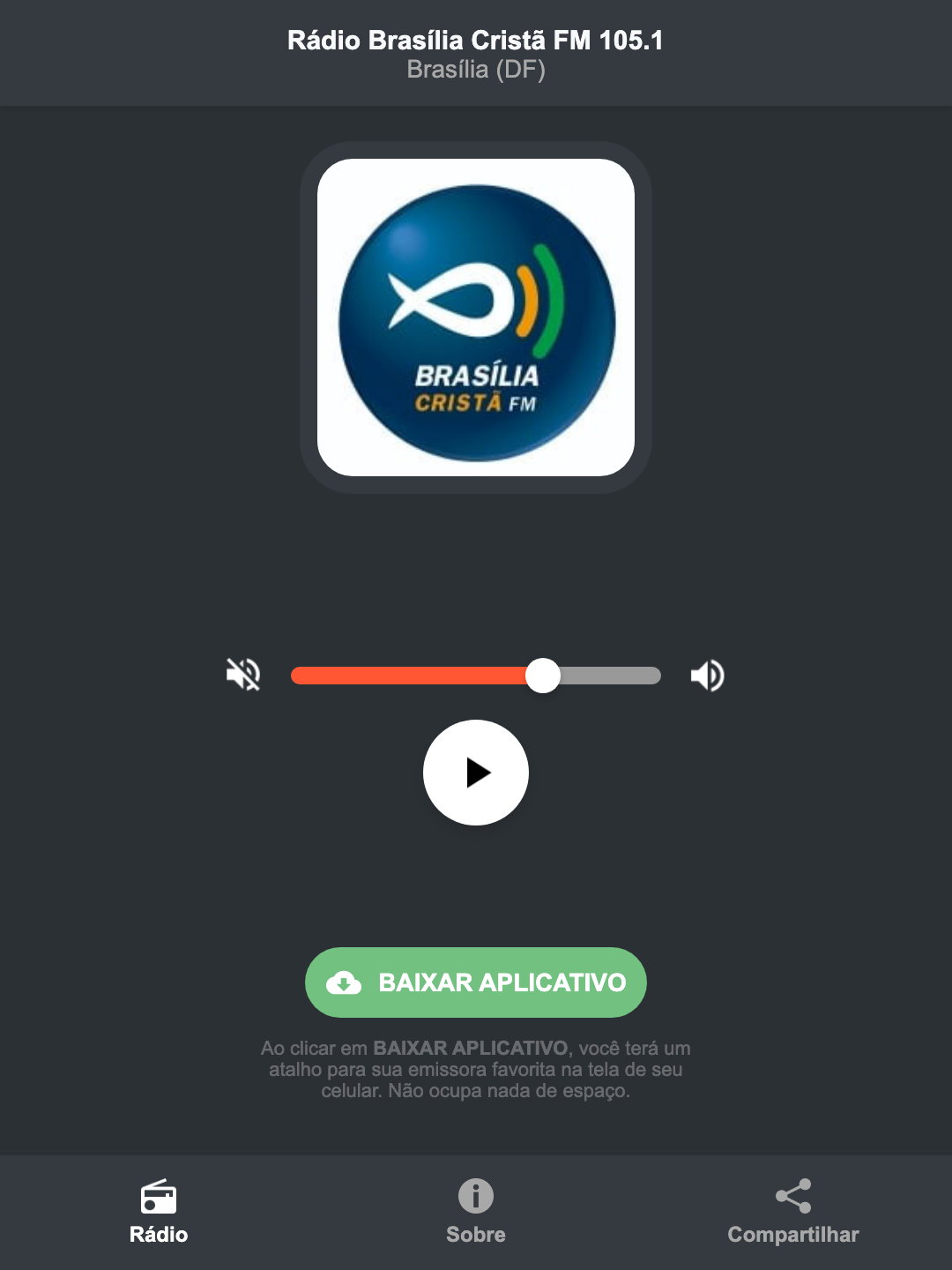Screenshot do aplicativo da Rádio Brasília Cristã FM 105.1