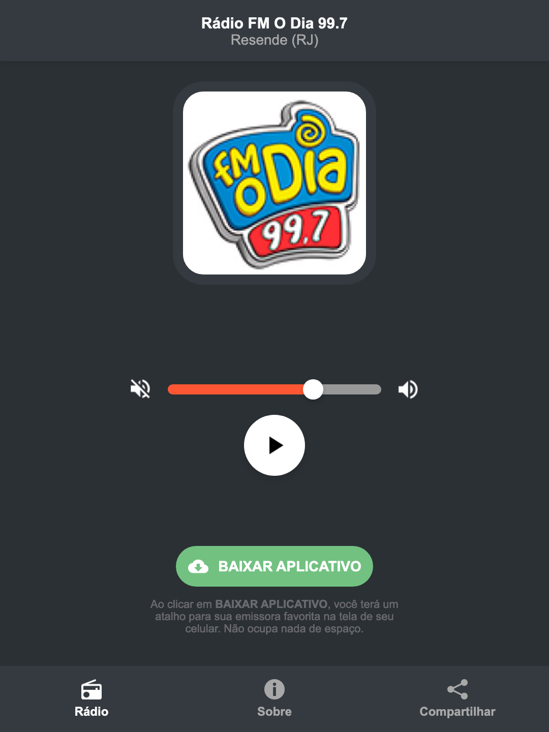 Screenshot do aplicativo da Rádio FM O Dia 99.7