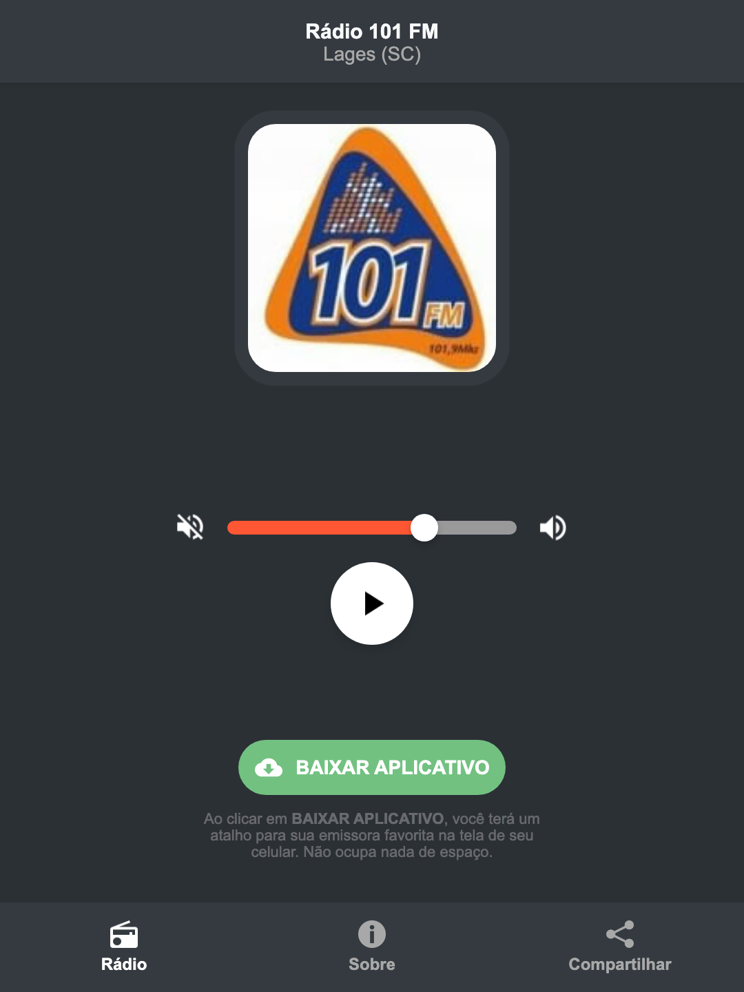 Screenshot do aplicativo da Rádio 101 FM