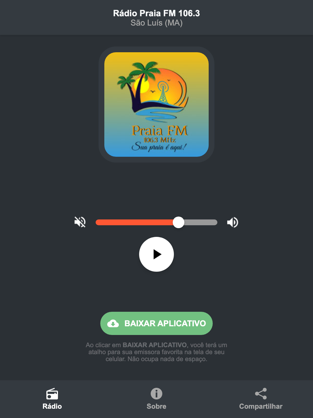 Screenshot do aplicativo da Rádio Praia FM 106.3