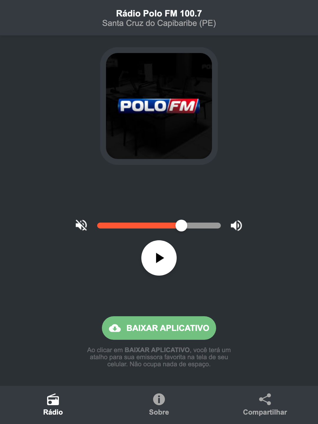 Screenshot do aplicativo da Rádio Polo FM 100.7