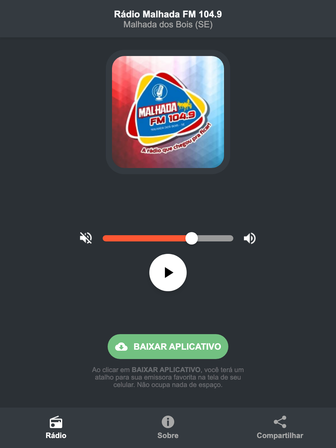 Screenshot do aplicativo da Rádio Malhada FM 104.9