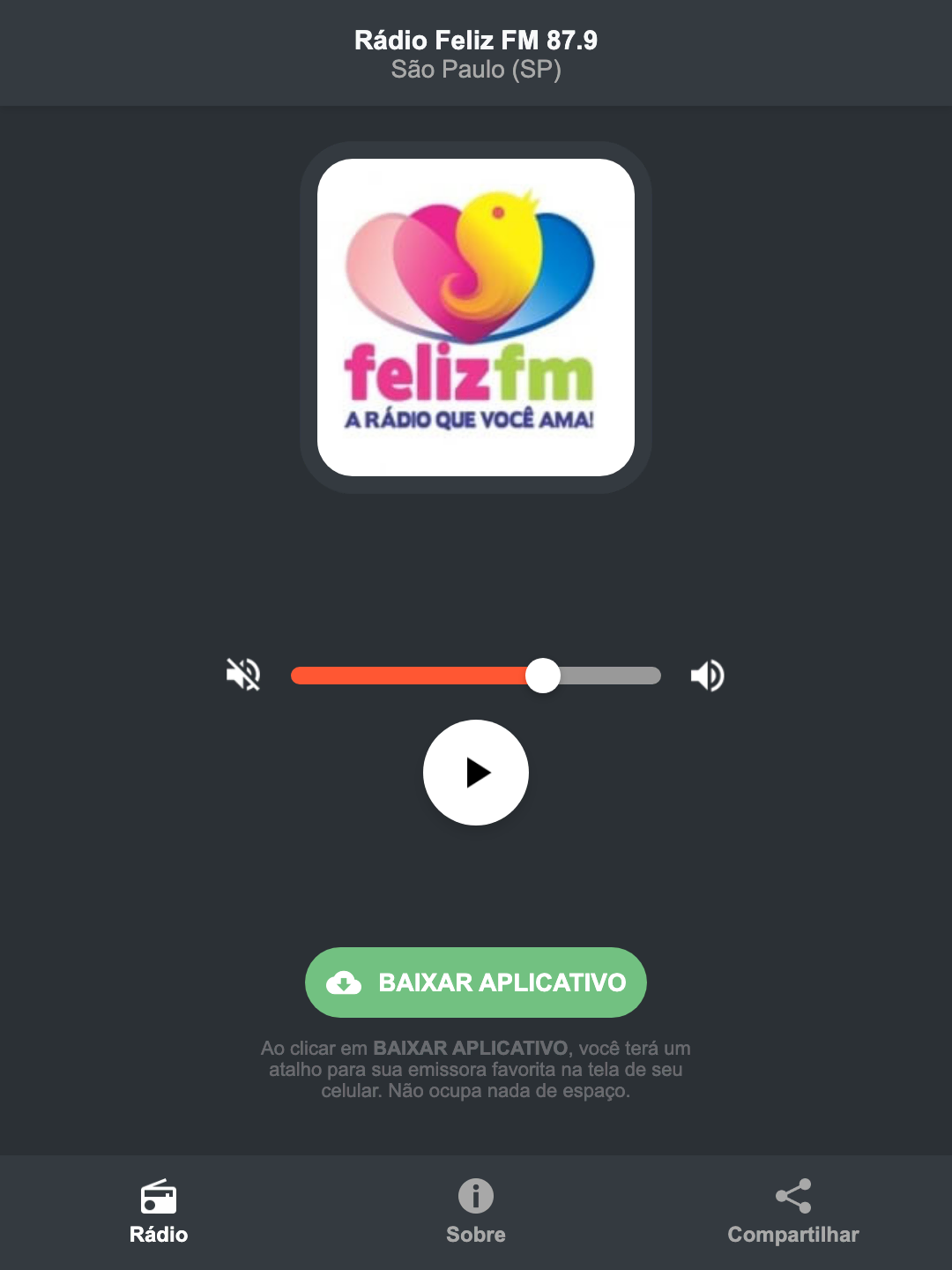 Screenshot do aplicativo da Rádio Feliz FM 87.9
