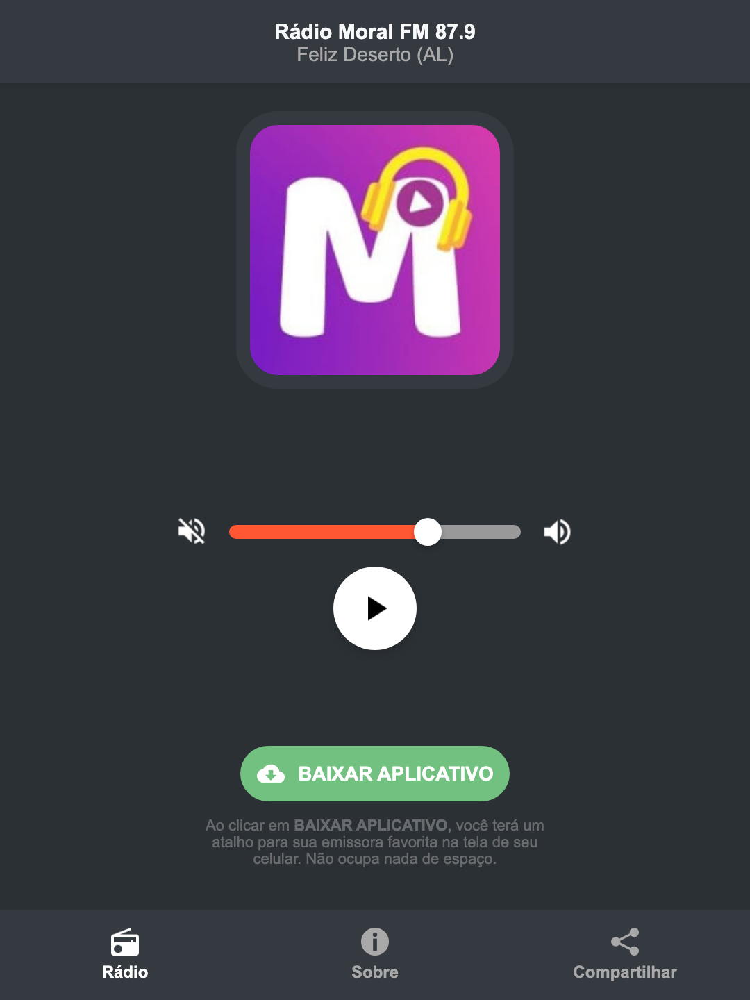 Screenshot do aplicativo da Rádio Moral FM 87.9