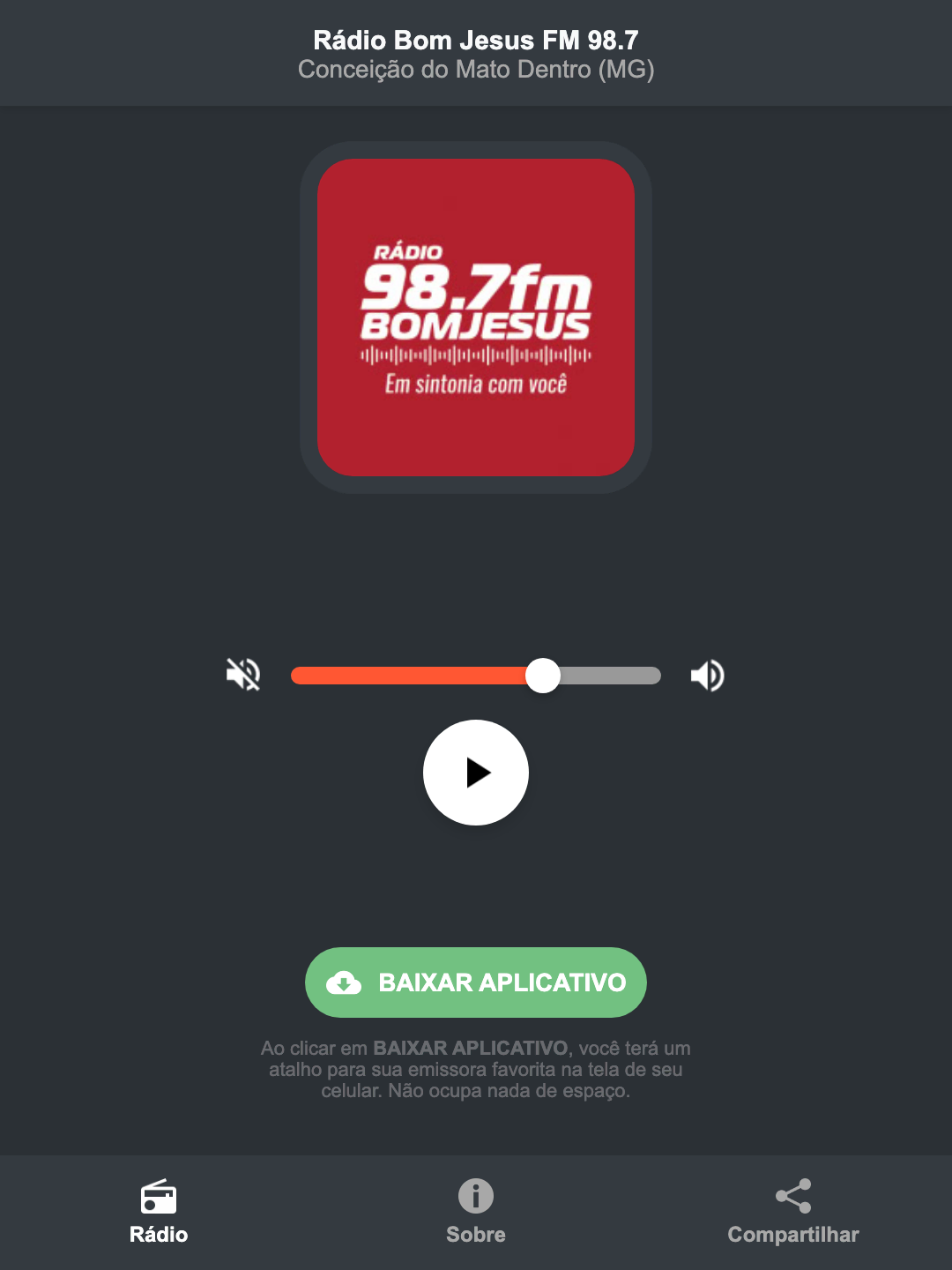 Screenshot do aplicativo da Rádio Bom Jesus FM 98.7