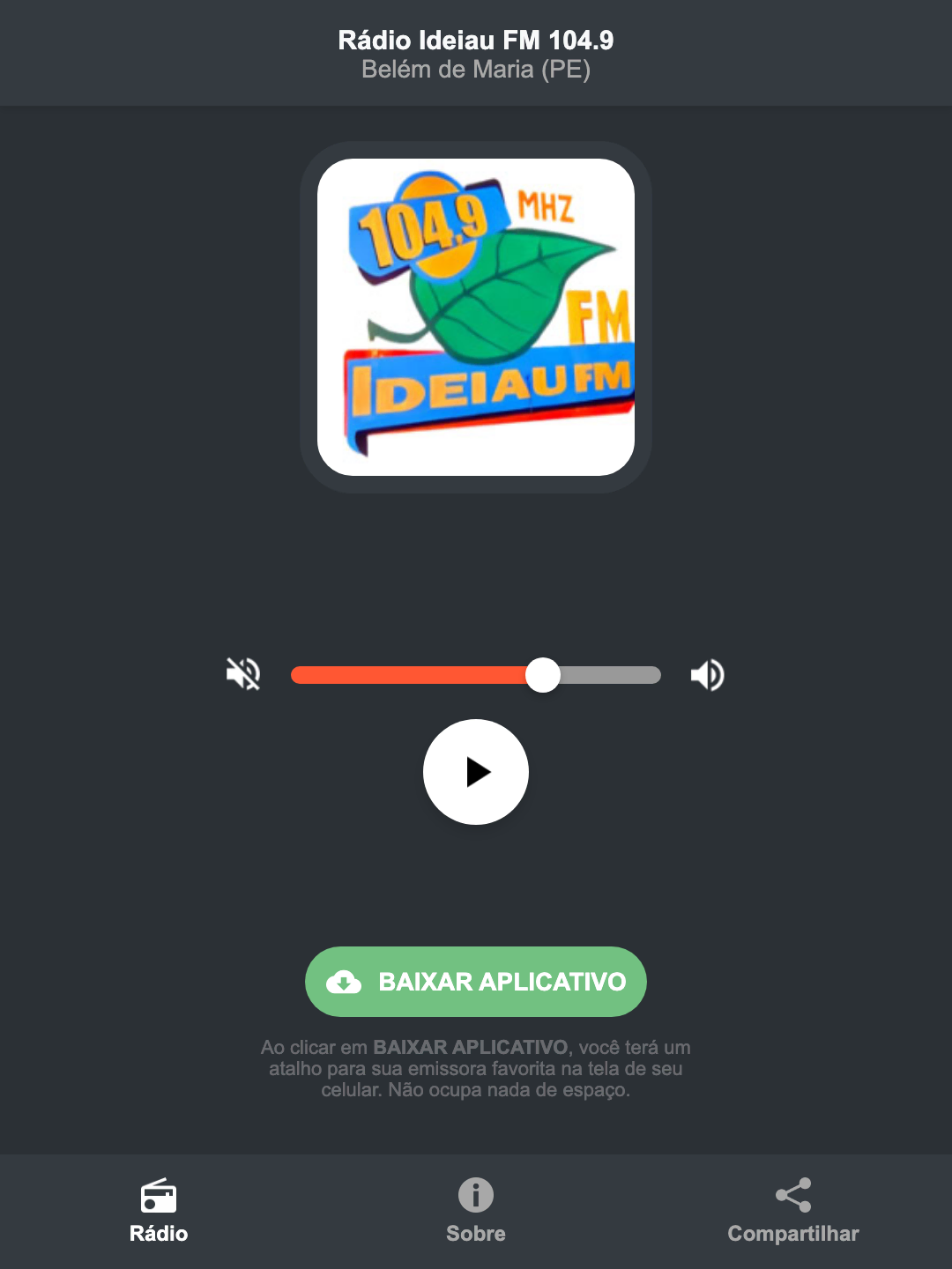 Screenshot do aplicativo da Rádio Ideiau FM 104.9