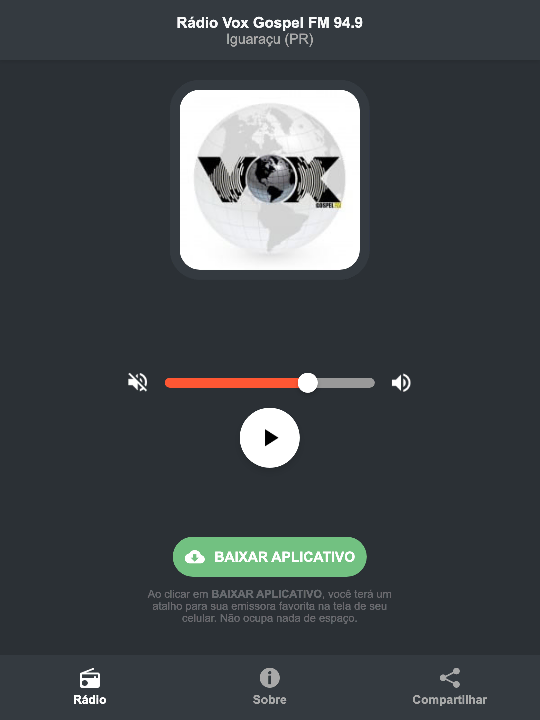 Screenshot do aplicativo da Rádio Vox Gospel FM 94.9