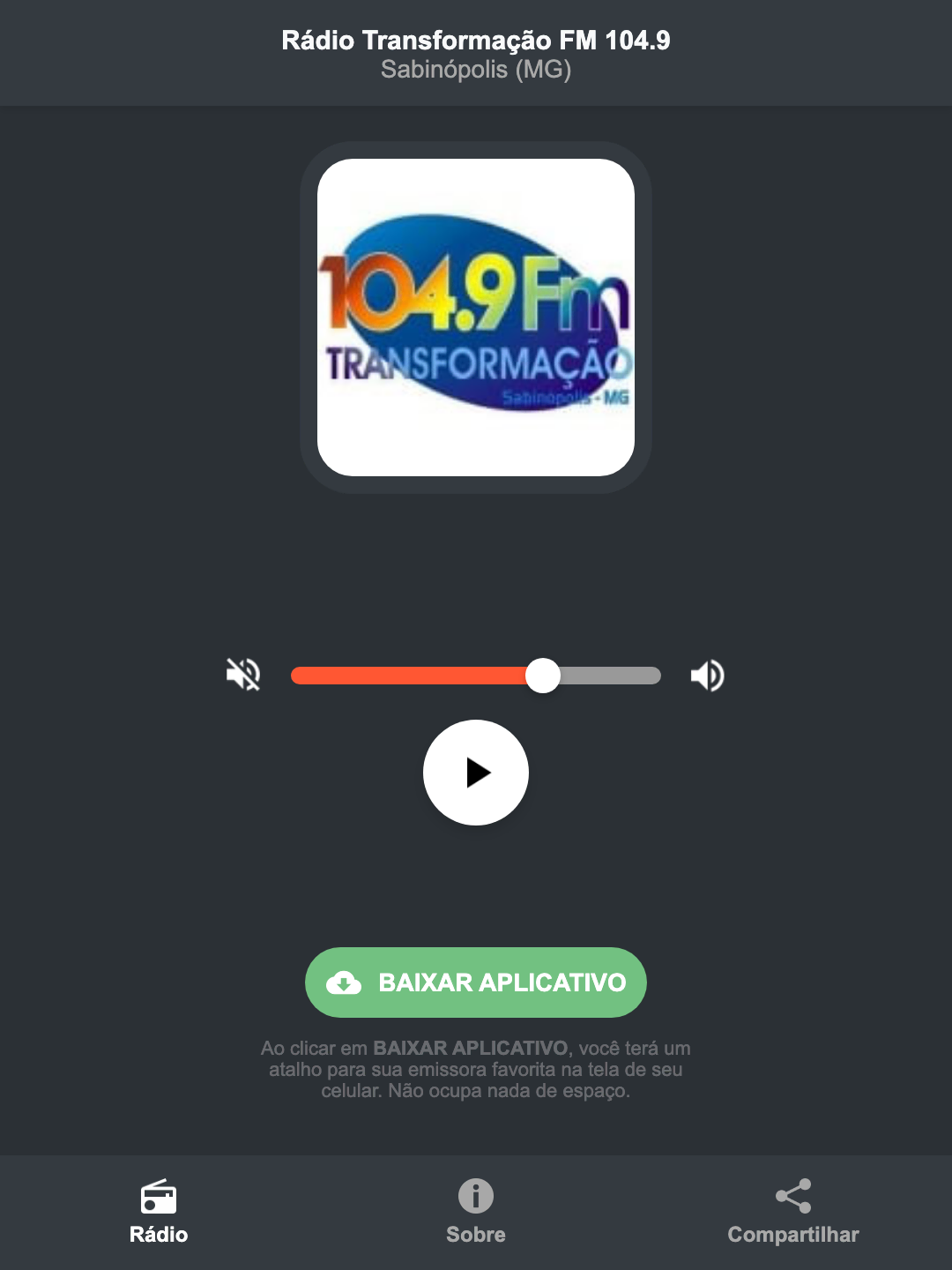 Screenshot do aplicativo da Rádio Transformação FM 104.9