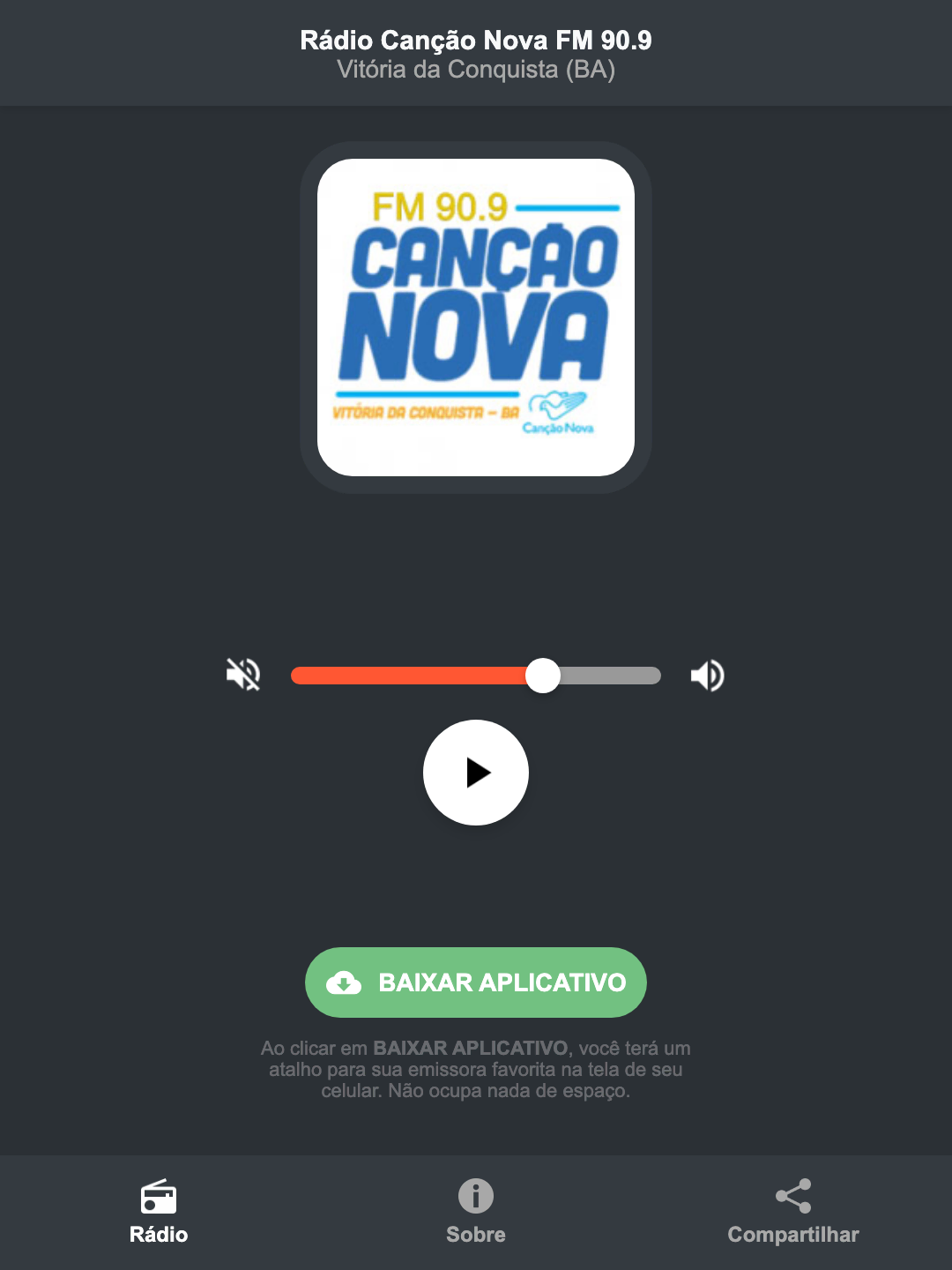Screenshot do aplicativo da Rádio Canção Nova FM 90.9