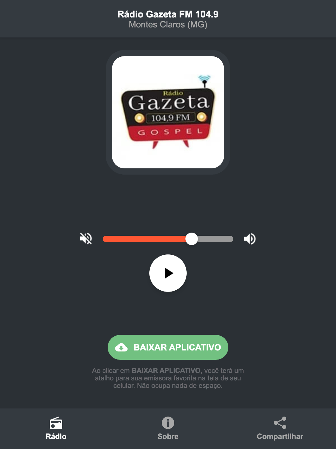 Screenshot do aplicativo da Rádio Gazeta FM 104.9