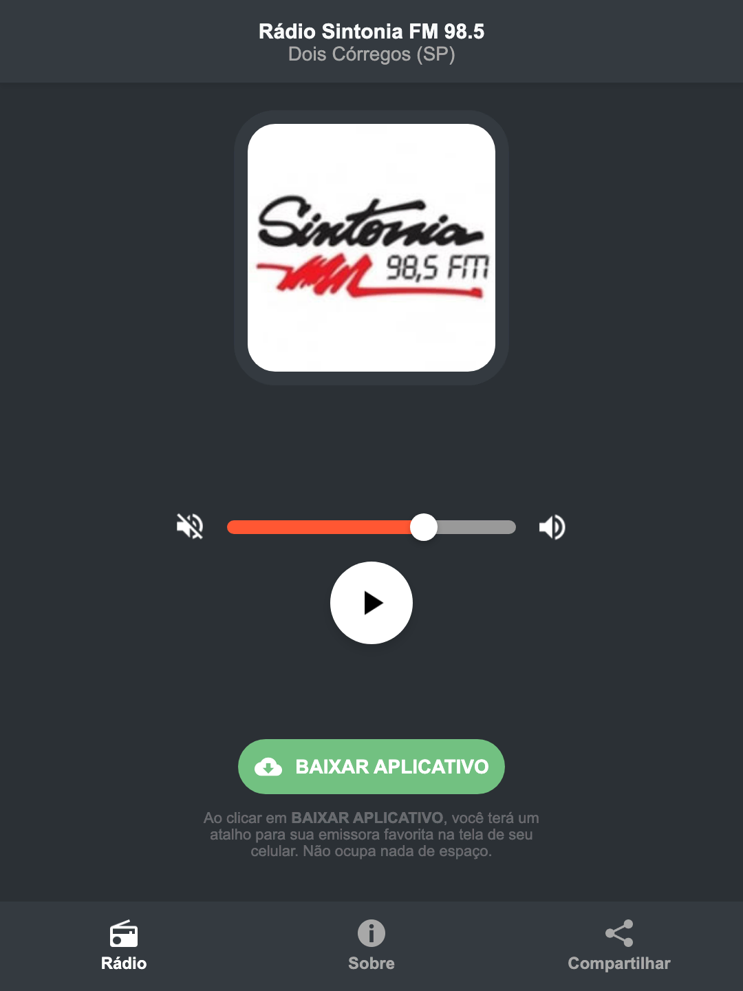 Screenshot do aplicativo da Rádio Sintonia FM 98.5