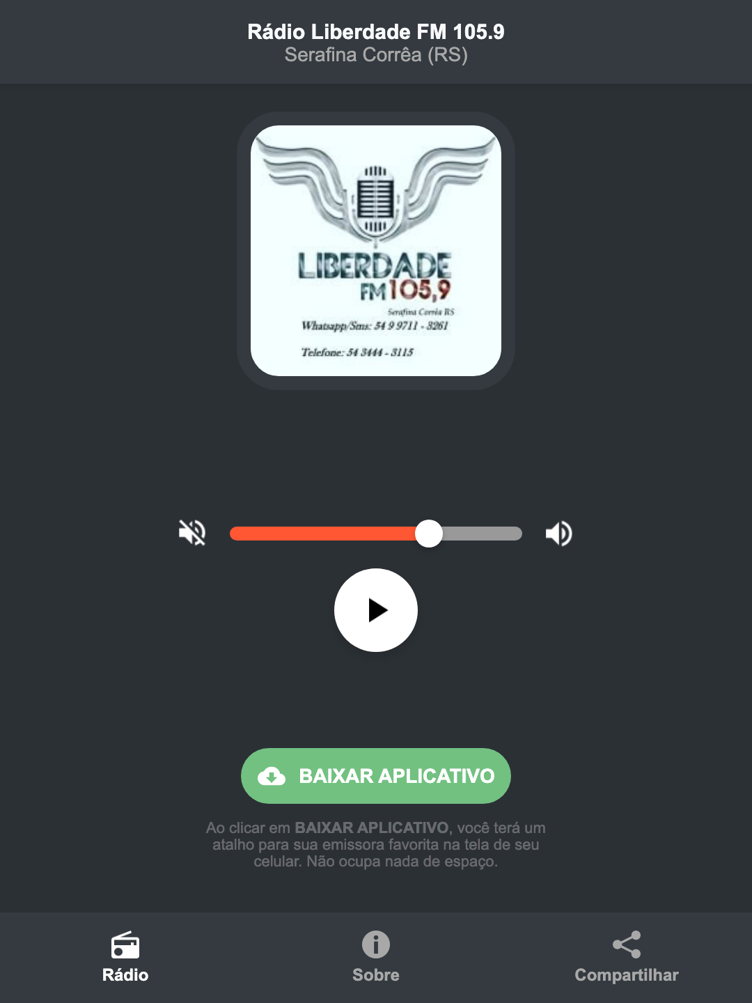 Screenshot do aplicativo da Rádio Liberdade FM 105.9