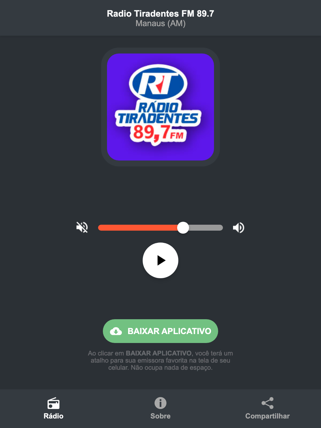 Screenshot do aplicativo da Radio Tiradentes FM 89.7